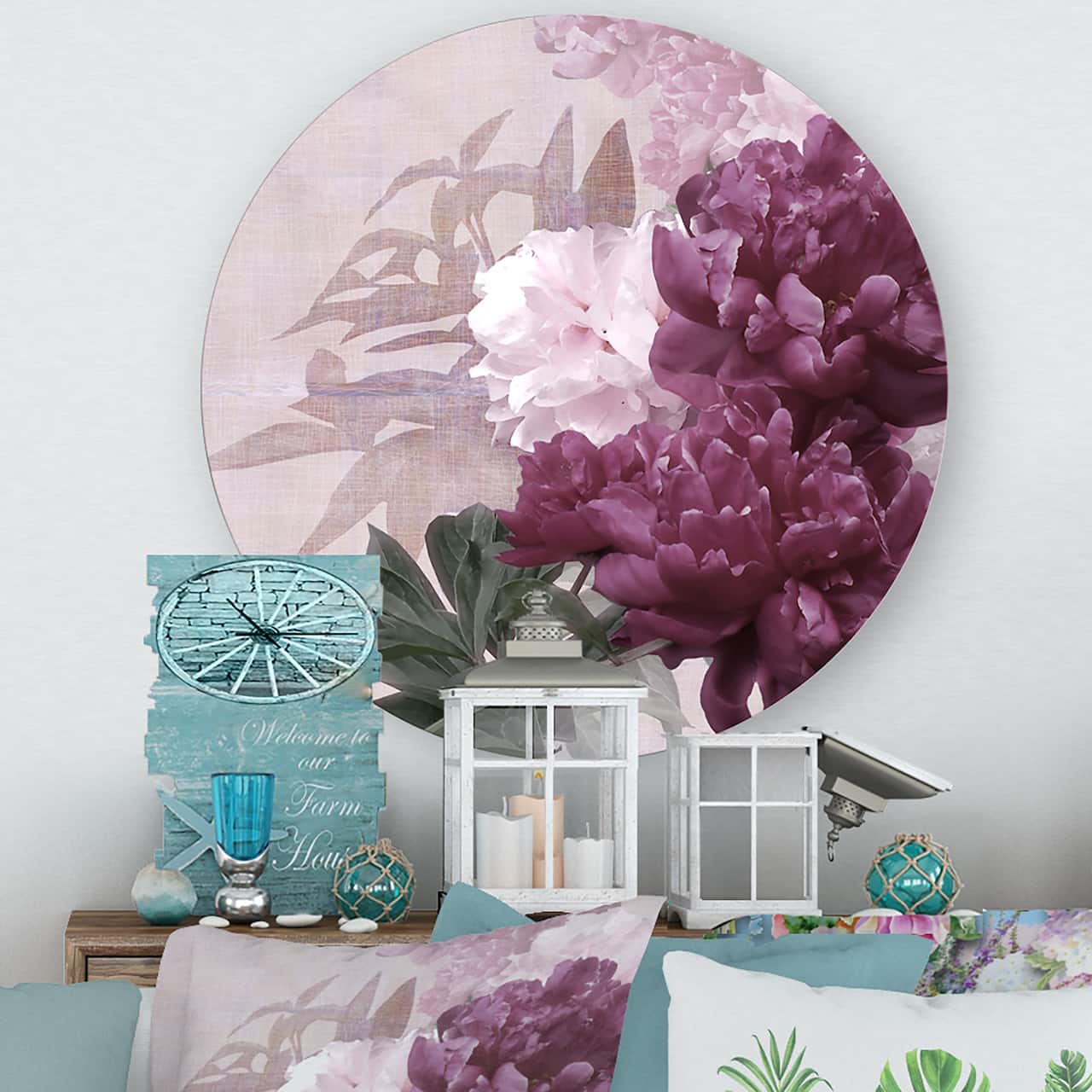 Designart - Vintage Purple and Pink Flowers I - Traditional Metal Circle Wall Art